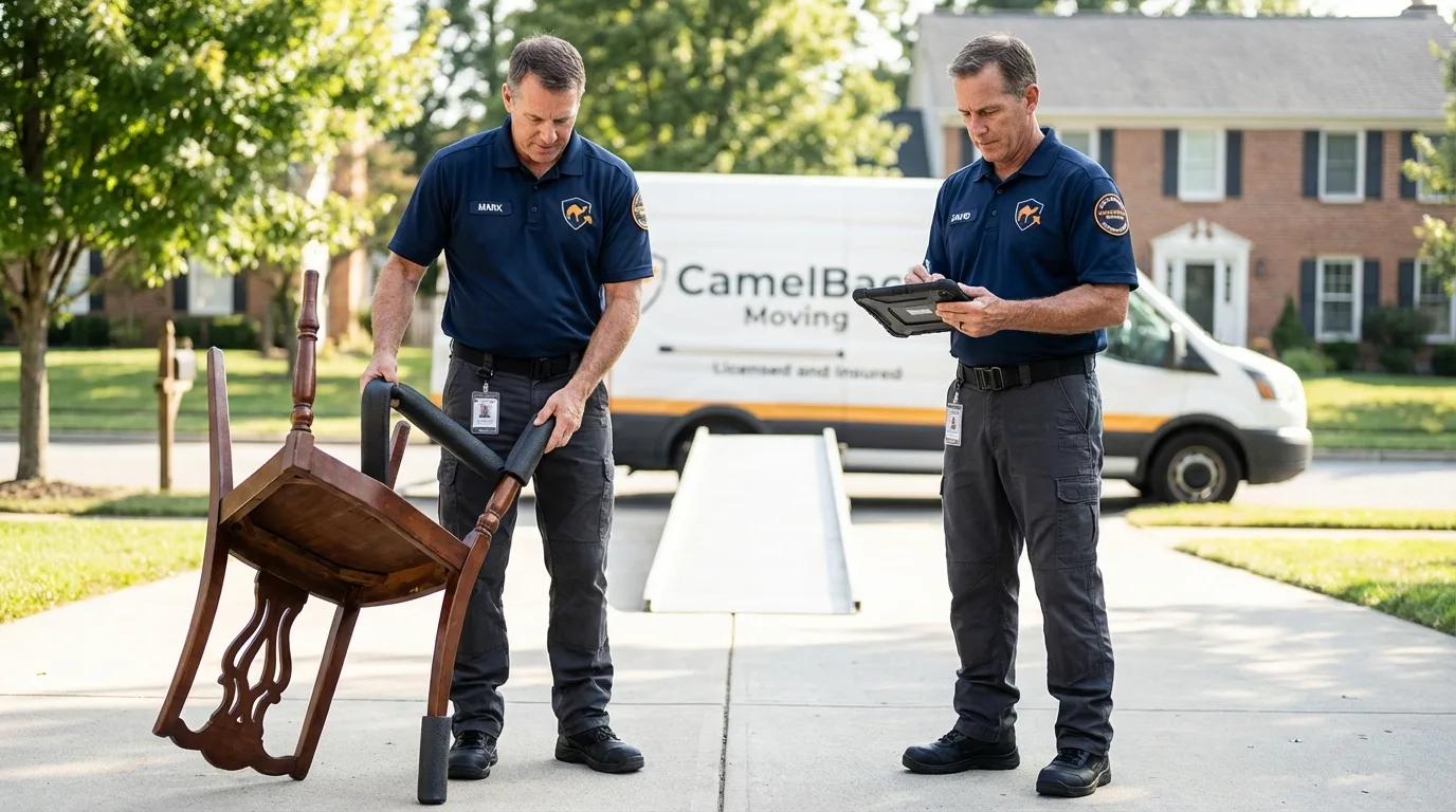 Movers inspecting furniture for damage prevention before loading in Jermyn, PA
