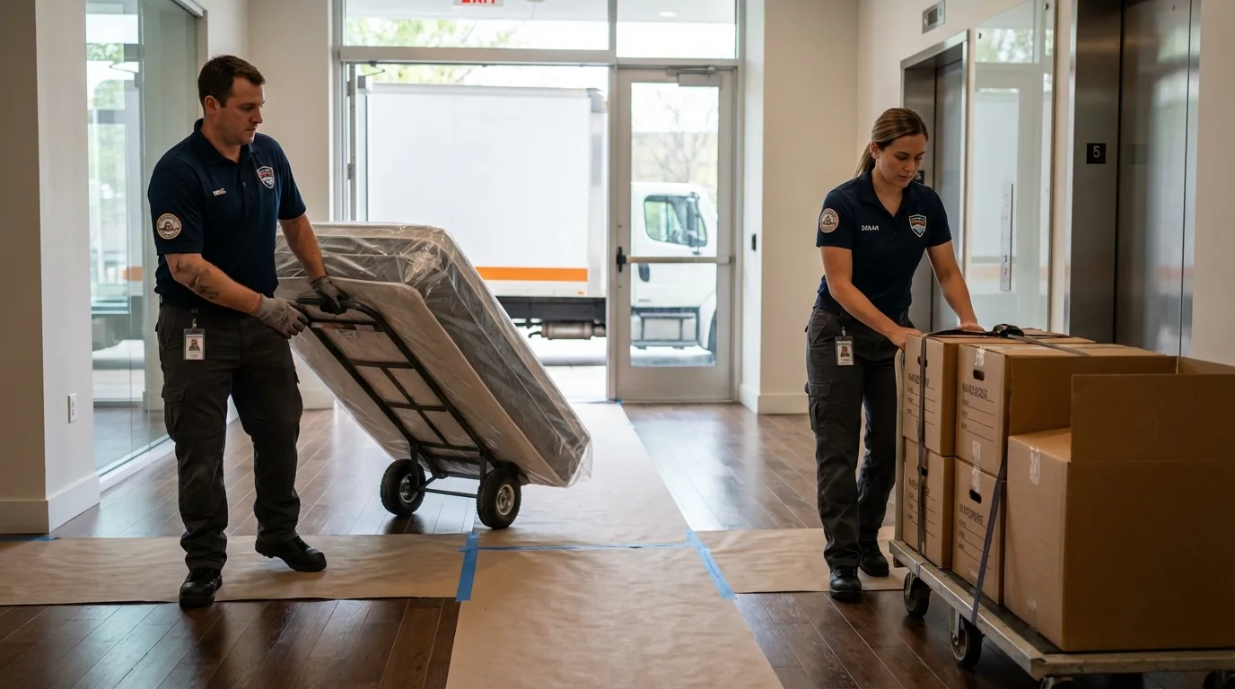 Professional apartment movers loading elevator in Jermyn, PA