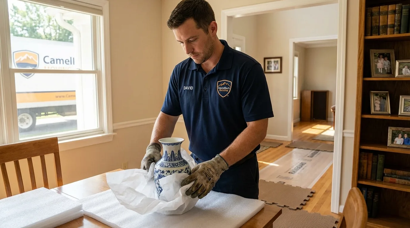 Professional crew carefully wrapping antique vase for senior downsizing move in Jermyn, PA